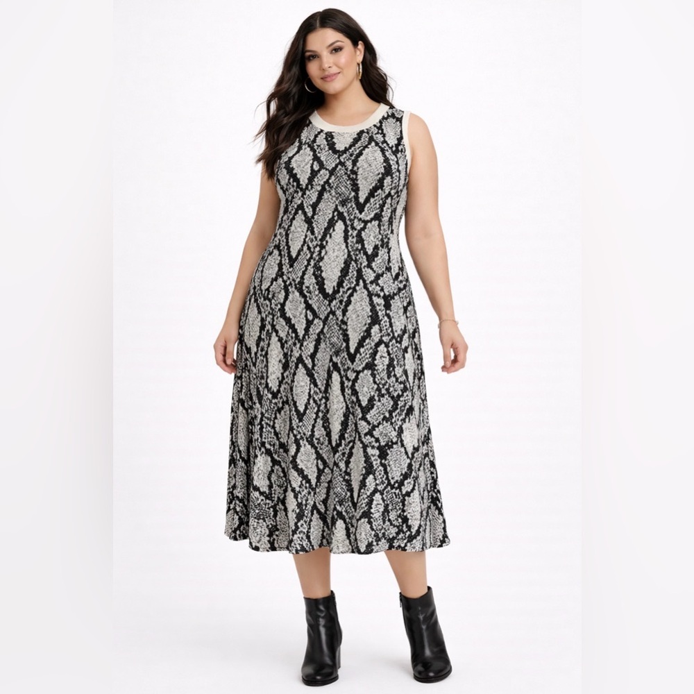 Torrid Size 1X Black & Ivory Snake Print Sleeveless Sweater Dress Midi